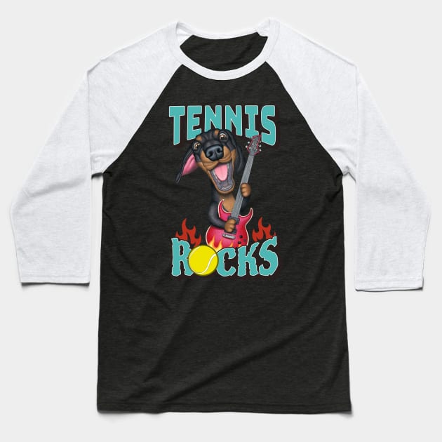 Funny and cute doxie Tennis Rocks dachshund rock and roll guitar Baseball T-Shirt by Danny Gordon Art